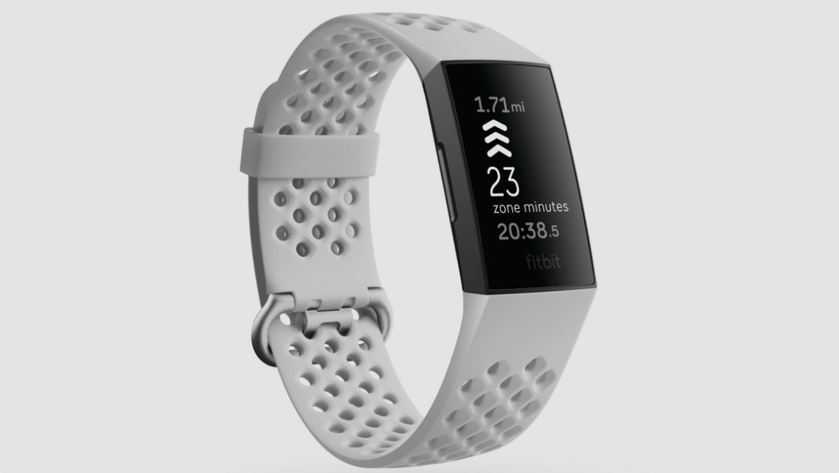 Product render of Fitbit Charge 4, 3QTR view, in Frost White sport and Black.